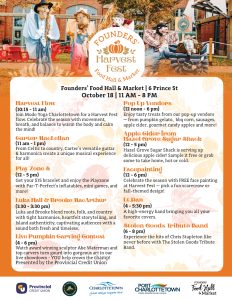 Poster for Founders’ Harvest Fest at Founders’ Food Hall & Market in Charlottetown, October 18 with live music, games, food, and family activities.