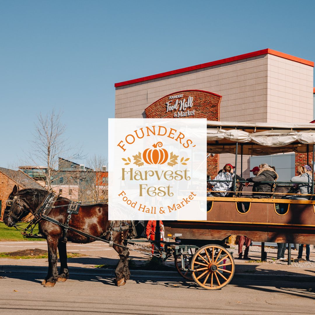 Horse-drawn wagon ride in front of Founders’ Food Hall & Market during Harvest Fest in Charlottetown, PEI.