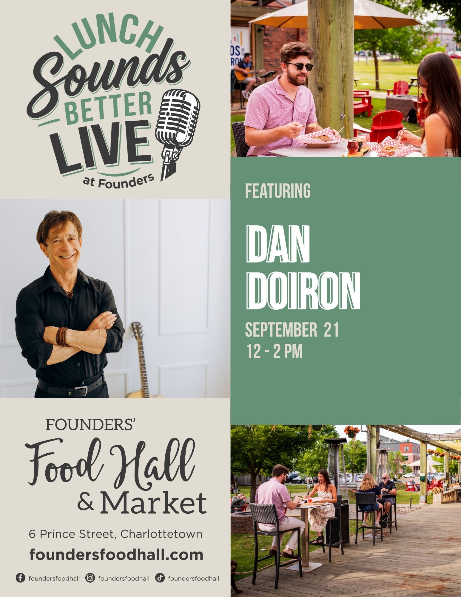 Event poster for "Lunch Sounds Better Live at Founders" featuring musician Dan Doiron, with photos of people dining outdoors and event details for September 21, 12-2 PM at Founders' Food Hall & Market.