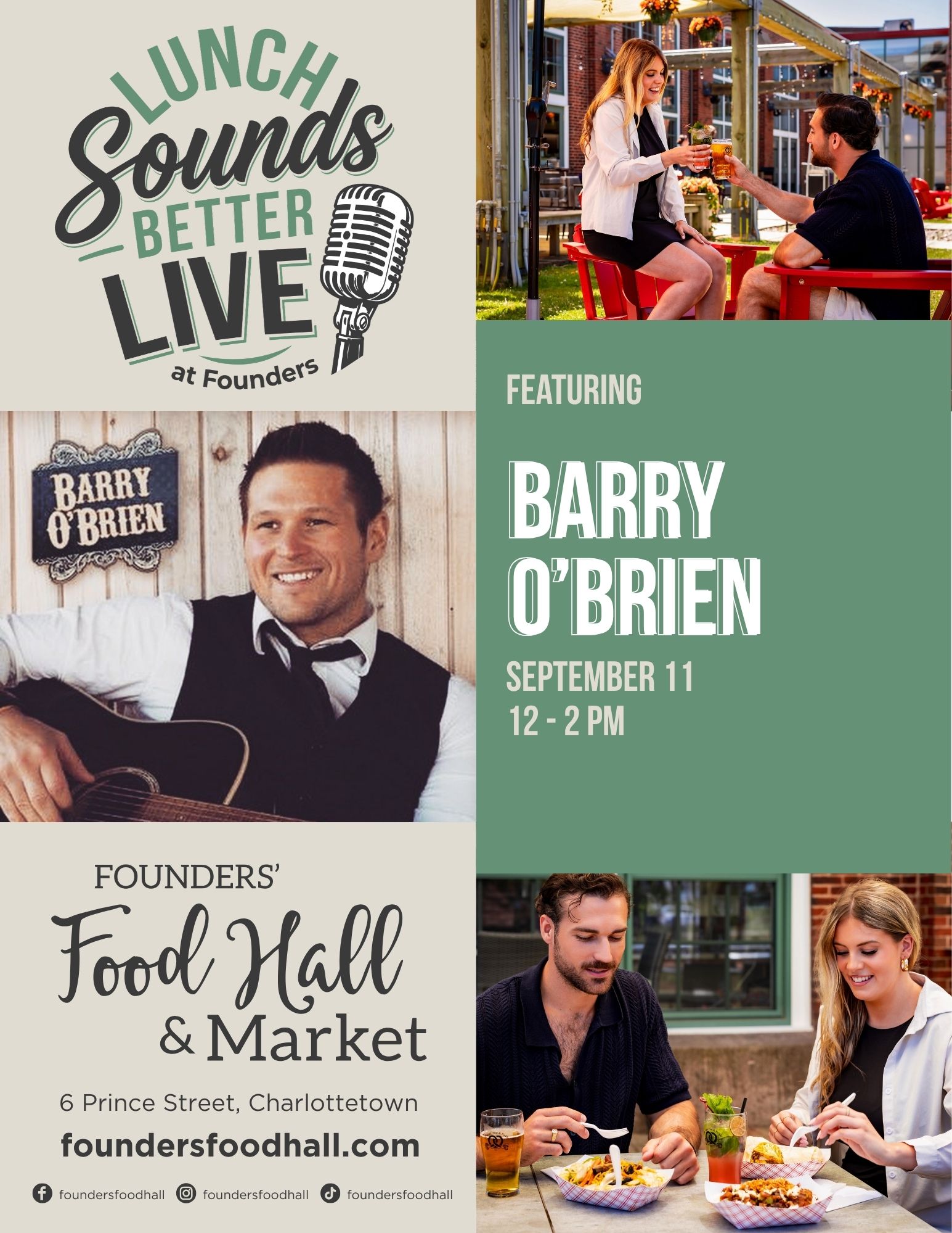 Event poster for "Lunch Sounds Better Live at Founders" featuring musician Barry O'Brien, with photos of a couple toasting drinks and dining outdoors, and event details for September 11, 12-2 PM at Founders' Food Hall & Market.