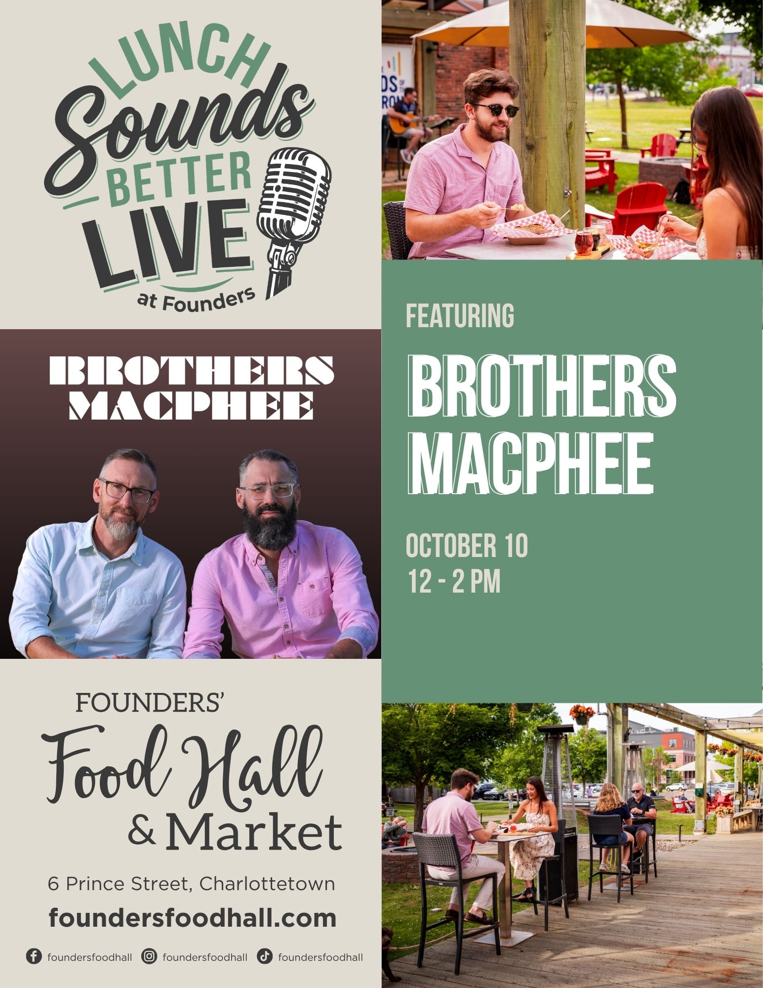 Promotional poster for "Lunch Sounds Better Live at Founders," featuring musical duo Brothers MacPhee on October 10 from 12–2 PM. Includes a portrait of the two performers seated together, and images of people dining on an outdoor patio, along with the Founders' Food Hall & Market logo and address 6 Prince Street, Charlottetown and social handles @foundersfoodhall.