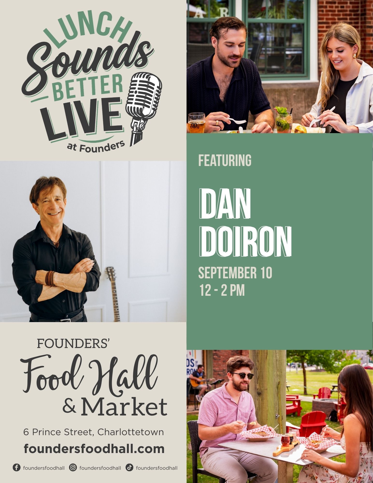 Event poster for "Lunch Sounds Better Live at Founders" featuring musician Dan Doiron, with photos of people dining outdoors and event details for September 10, 12-2 PM at Founders' Food Hall & Market.