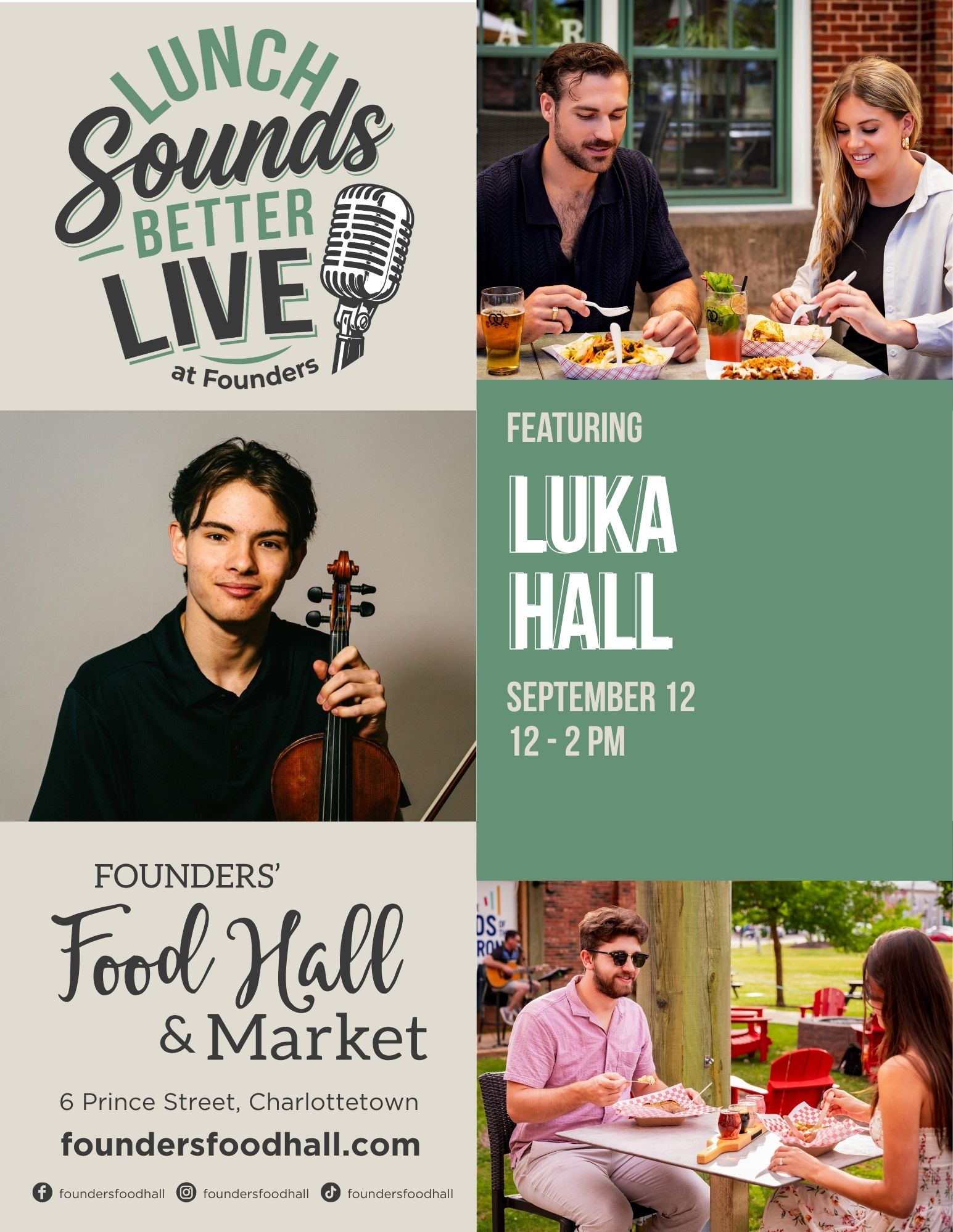 Event poster for "Lunch Sounds Better Live at Founders" featuring musician Luka Hall, with photos of people dining outdoors and event details for September 12, 12-2 PM at Founders' Food Hall & Market.