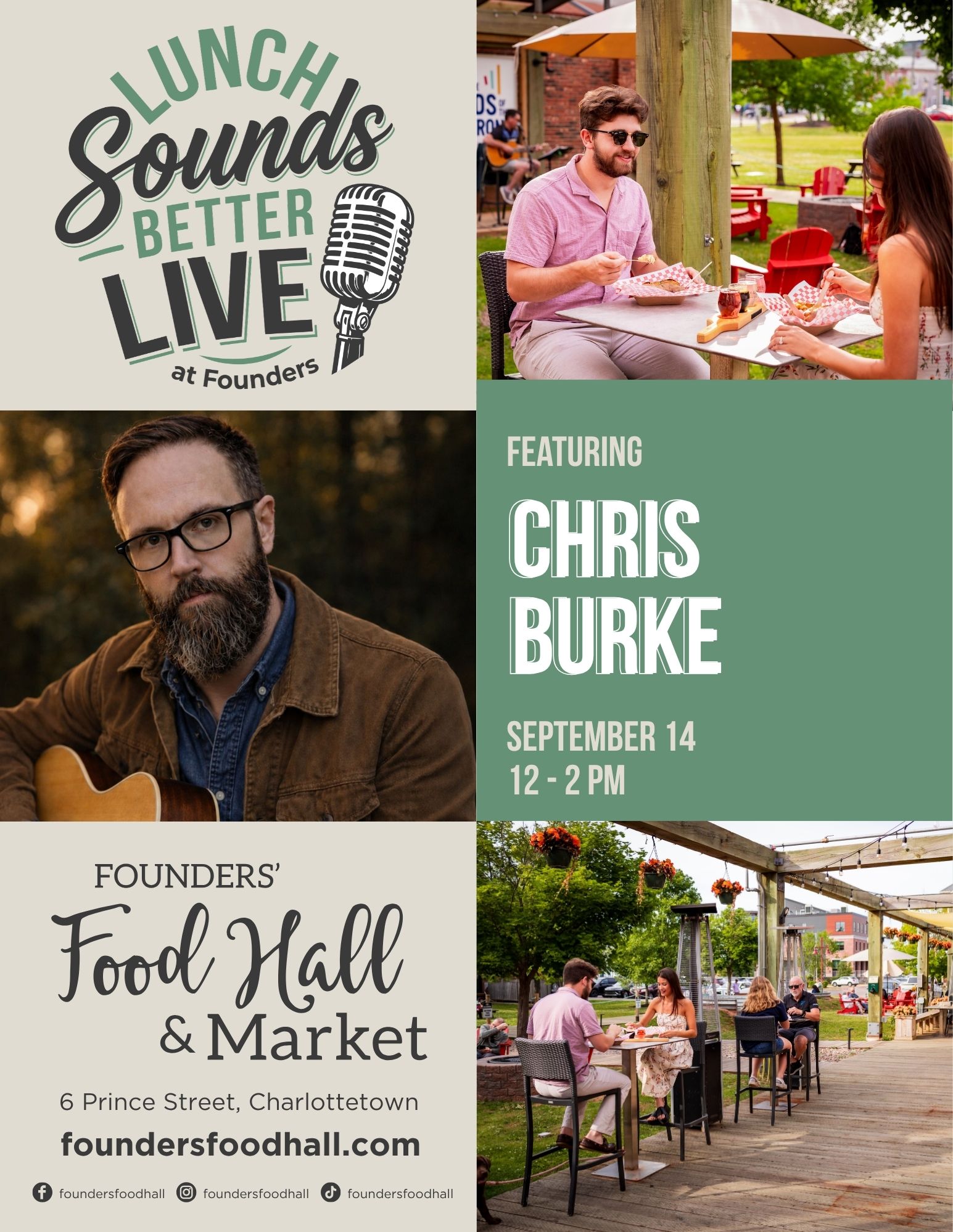 Event poster for "Lunch Sounds Better Live at Founders" featuring musician Chris Burke, with photos of people dining outdoors and event details for September 14, 12-2 PM at Founders' Food Hall & Market.