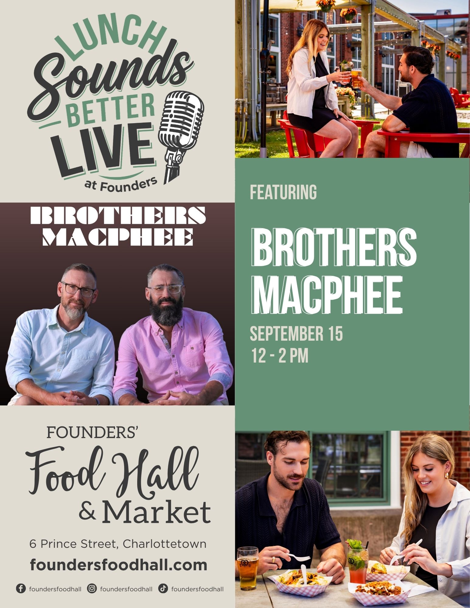 Event poster for "Lunch Sounds Better Live at Founders" featuring musical duo Brothers MacPhee, with photos of a couple toasting drinks and dining outdoors, and event details for September 15, 12-2 PM at Founders' Food Hall & Market.