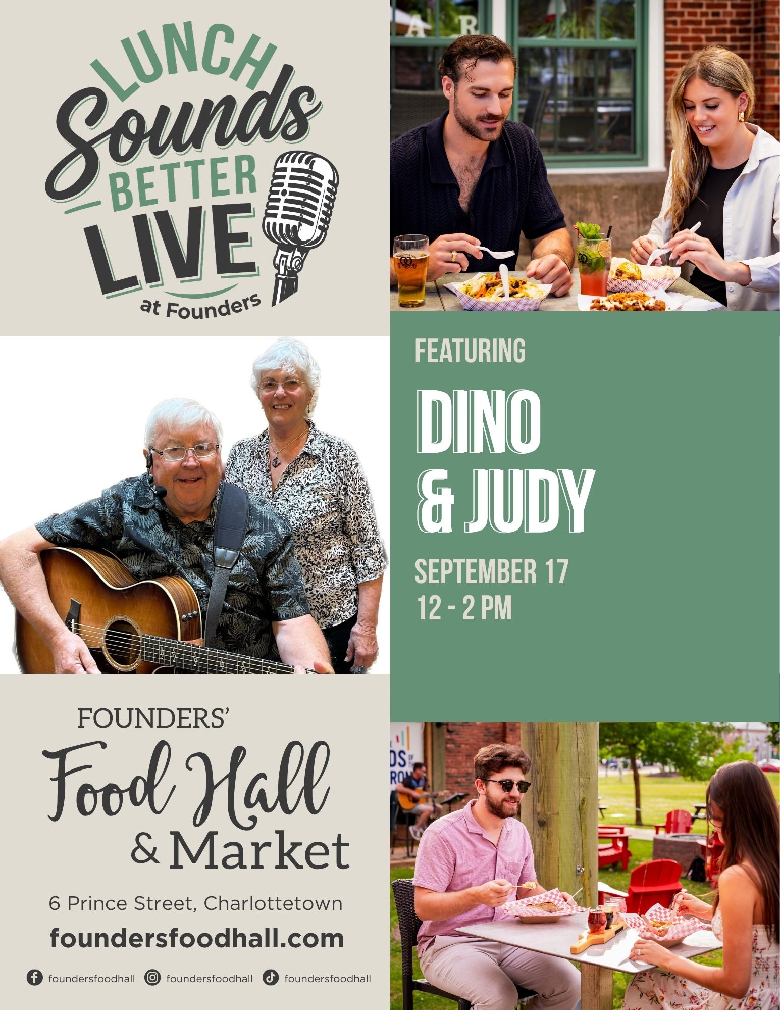 Event poster for "Lunch Sounds Better Live at Founders" featuring musical duo Dino & Judy, with photos of people dining outdoors and event details for September 17, 12-2 PM at Founders' Food Hall & Market.