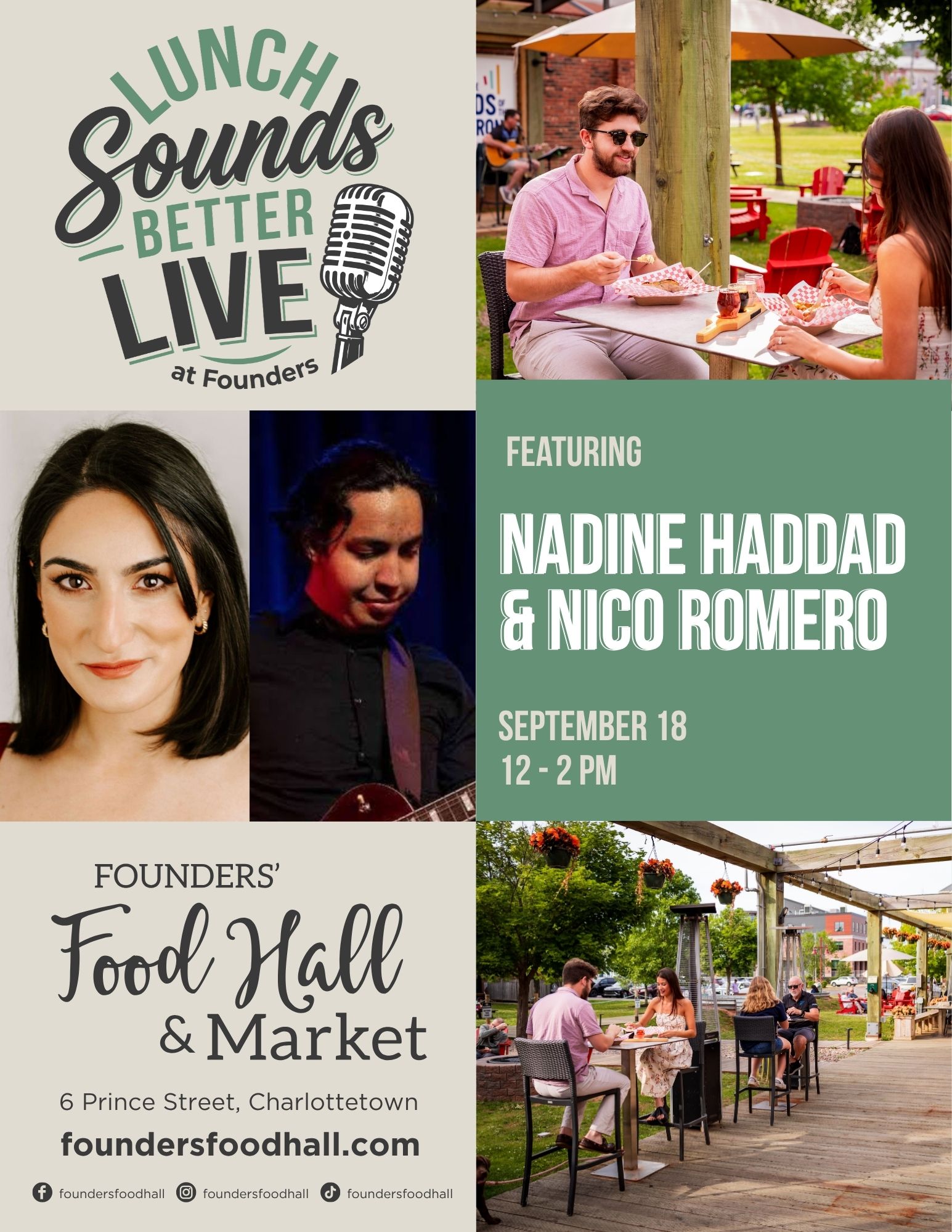 Event poster for "Lunch Sounds Better Live at Founders" featuring musicians Nadine Haddad and Nico Romero, with photos of people dining outdoors and event details for September 18, 12-2 PM at Founders' Food Hall & Market.