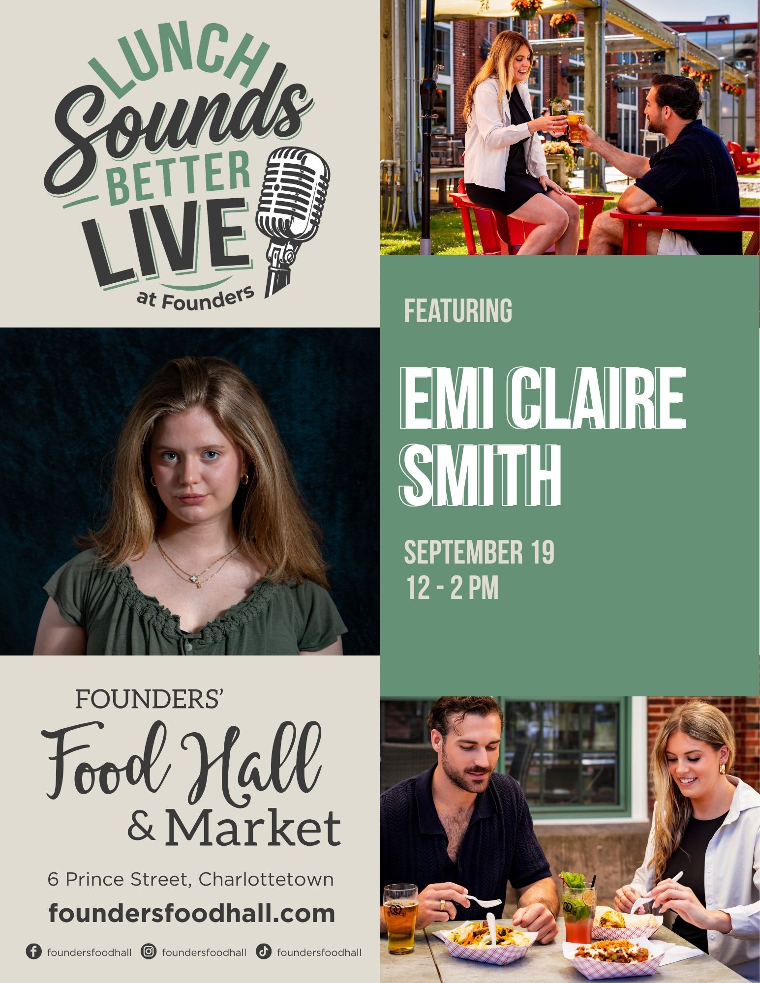 Event poster for "Lunch Sounds Better Live at Founders" featuring musician Emi Claire Smith, with photos of a couple toasting drinks and dining outdoors, and event details for September 19, 12-2 PM at Founders' Food Hall & Market.