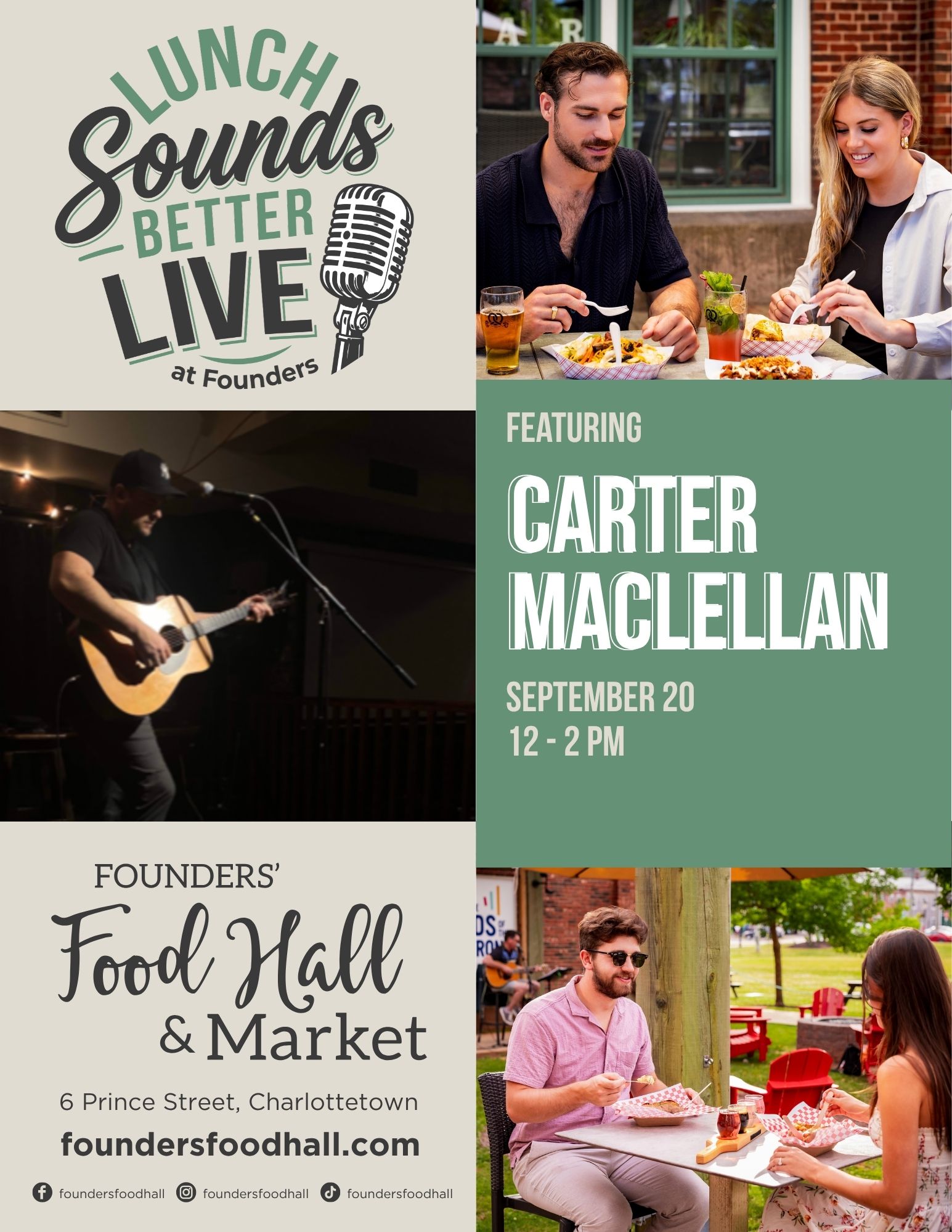 Event poster for "Lunch Sounds Better Live at Founders" featuring musician Carter MacLellan, with photos of people dining outdoors and event details for September 20, 12-2 PM at Founders' Food Hall & Market.