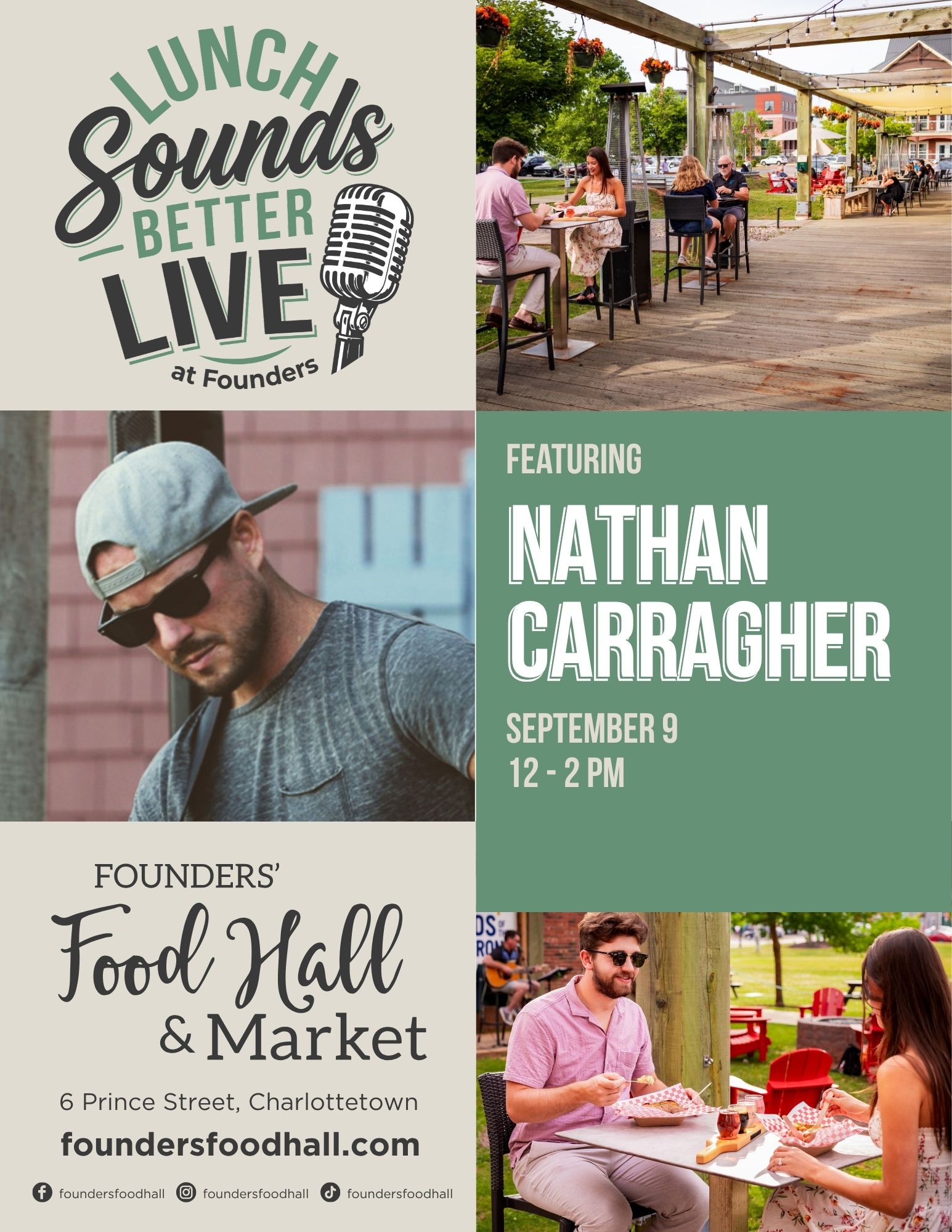 Event poster for "Lunch Sounds Better Live at Founders" featuring musician Nathan Carragher, with photos of people dining on an outdoor patio and event details for September 9, 12-2 PM at Founders' Food Hall & Market.